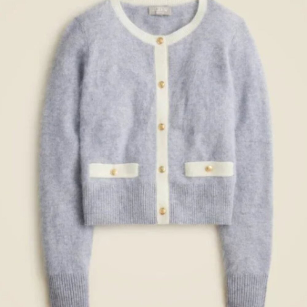 NWT J Crew Brushed Cashmere Fitted Cardigan with Contrast Trim L